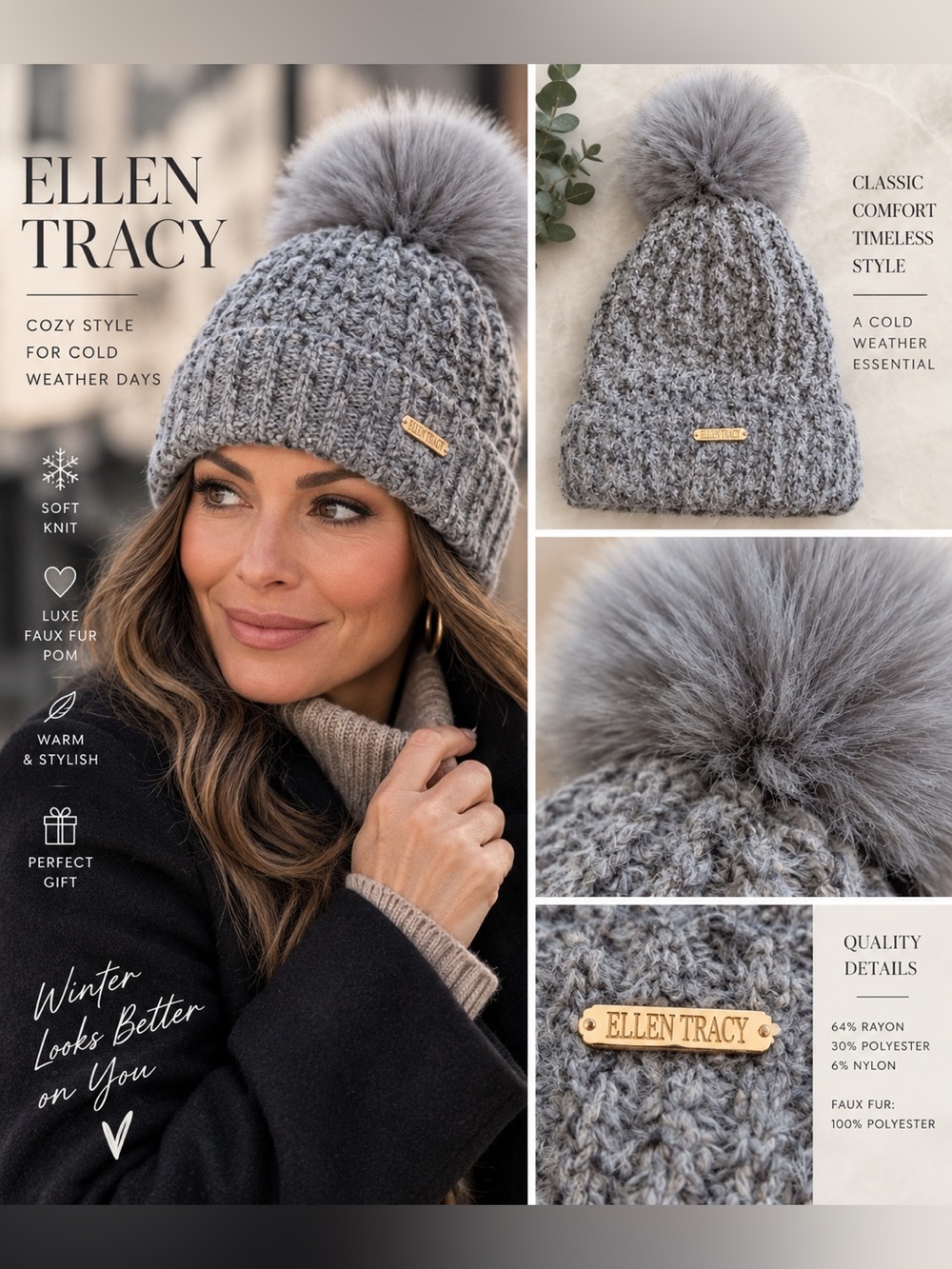Ellen Tracy Gray Knit Faux Fur Pom Pom Beanie Hat NWT